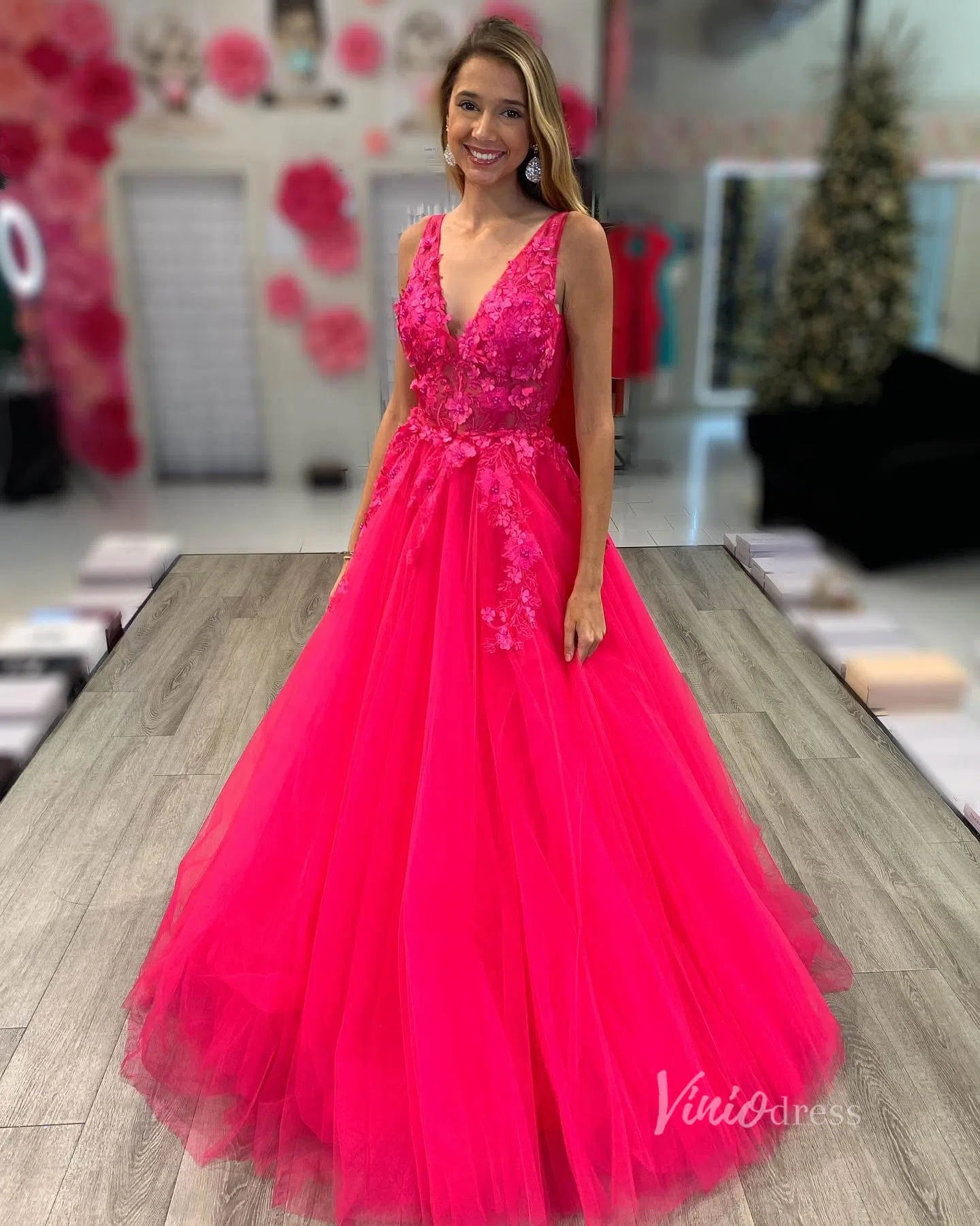 Fuchsia Tulle Prom Dresses 3D Floral Appliqued Ball Gowns FD2940C-prom dresses-Viniodress-Viniodress