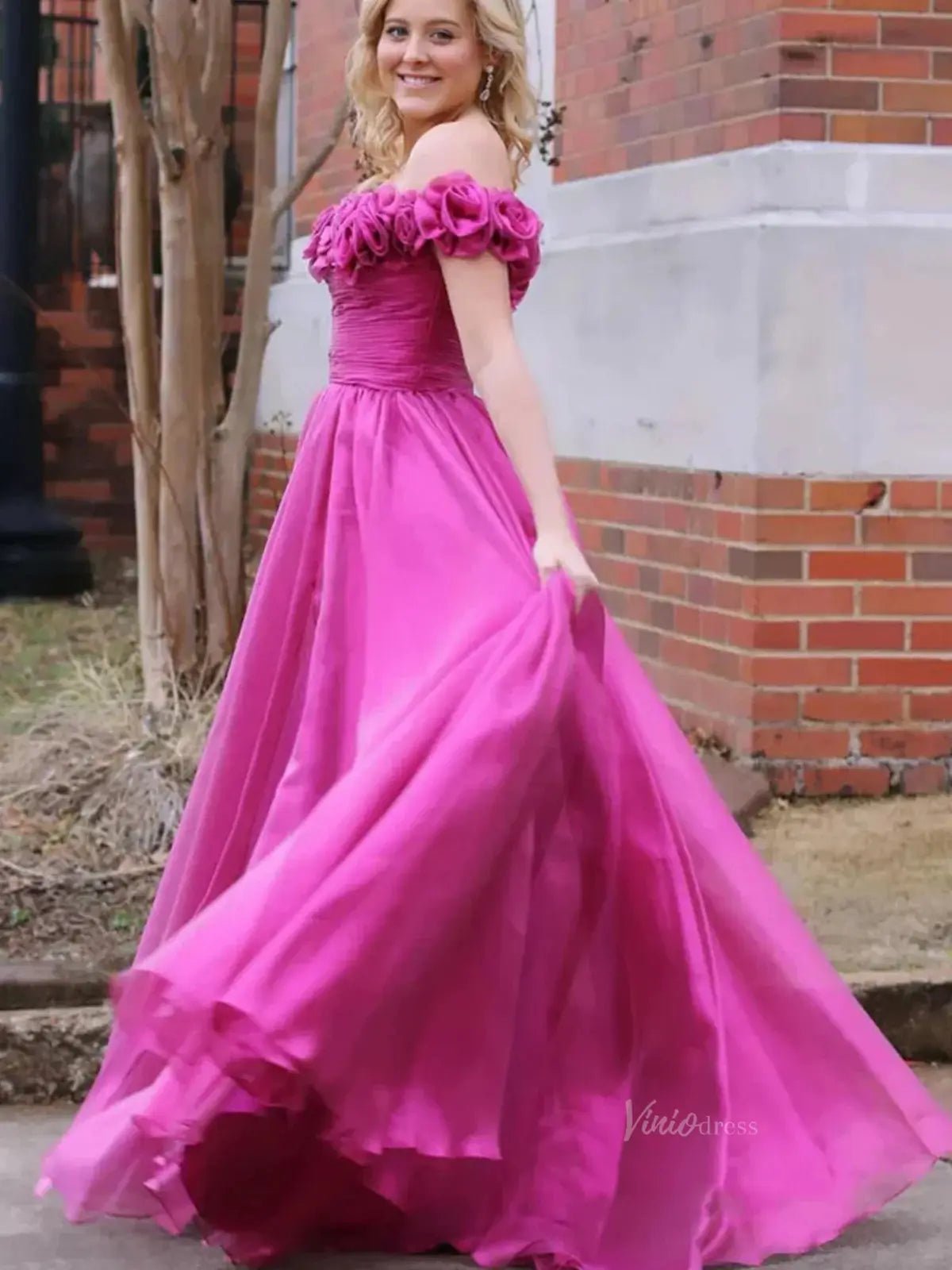 Fuchsia Tulle Prom Dresses 3D Flower Off the Shoulder Formal Gown - FD5130-prom dresses 2025 -Viniodress-Fuchsia-Custom Size-