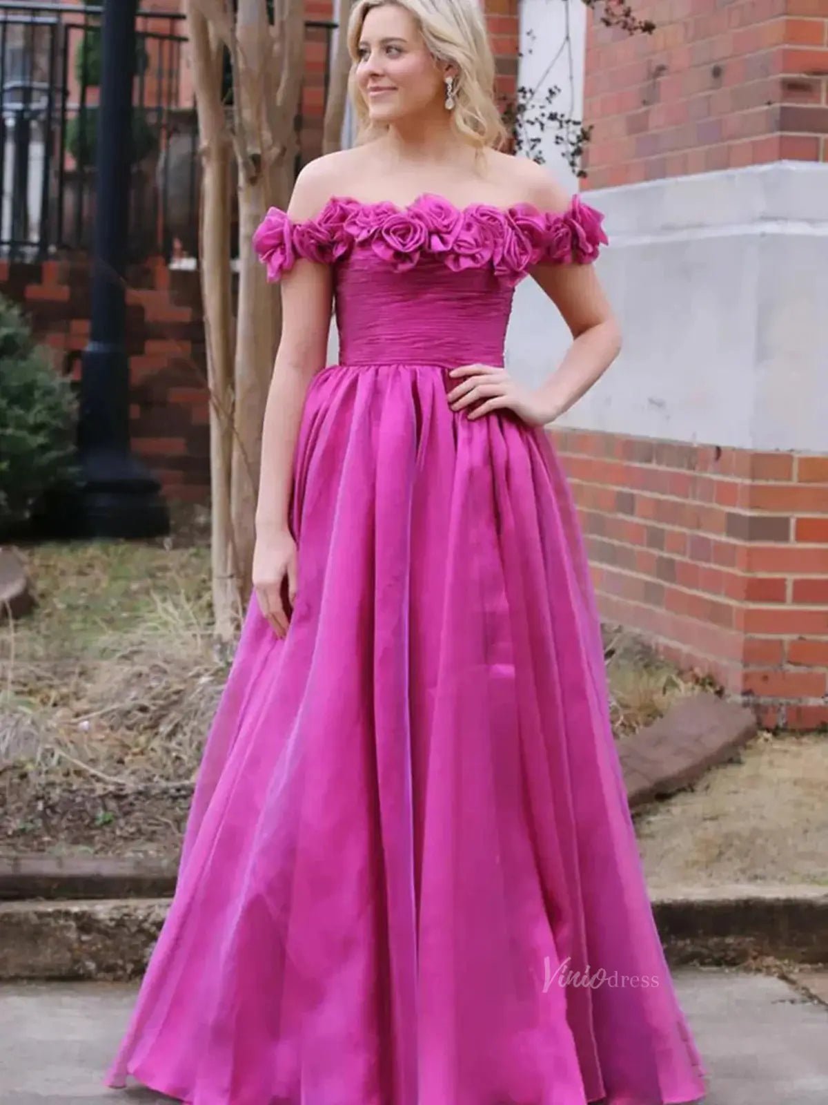 Fuchsia Tulle Prom Dresses 3D Flower Off the Shoulder Formal Gown - FD Viniodress Fuchsia Tulle Prom Dresses 3D Flower Off the Shoulder Formal Gown - FD Viniodress