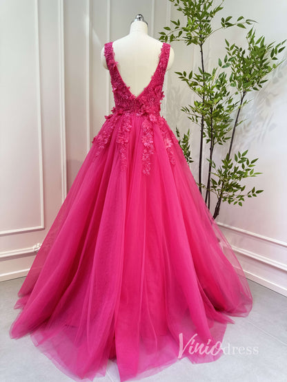 Fuchsia Tulle Prom Dresses V-neck,Lace Appliqued,Backless 80001-prom dresses 2025 -Viniodress-Fuchsia-Custom Size-
