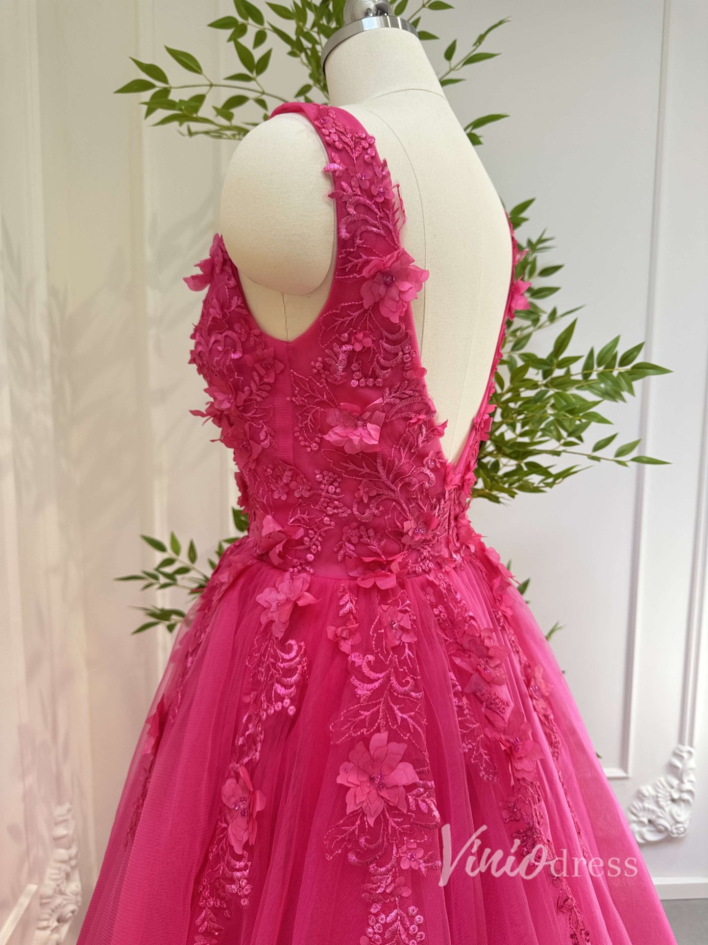 Fuchsia Tulle Prom Dresses V-neck,Lace Appliqued,Backless 80001-prom dresses 2025 -Viniodress-Fuchsia-Custom Size-