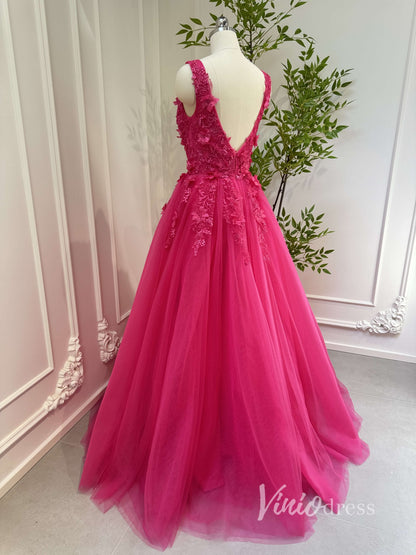 Fuchsia Tulle Prom Dresses V-neck,Lace Appliqued,Backless 80001-prom dresses 2025 -Viniodress-Fuchsia-Custom Size-