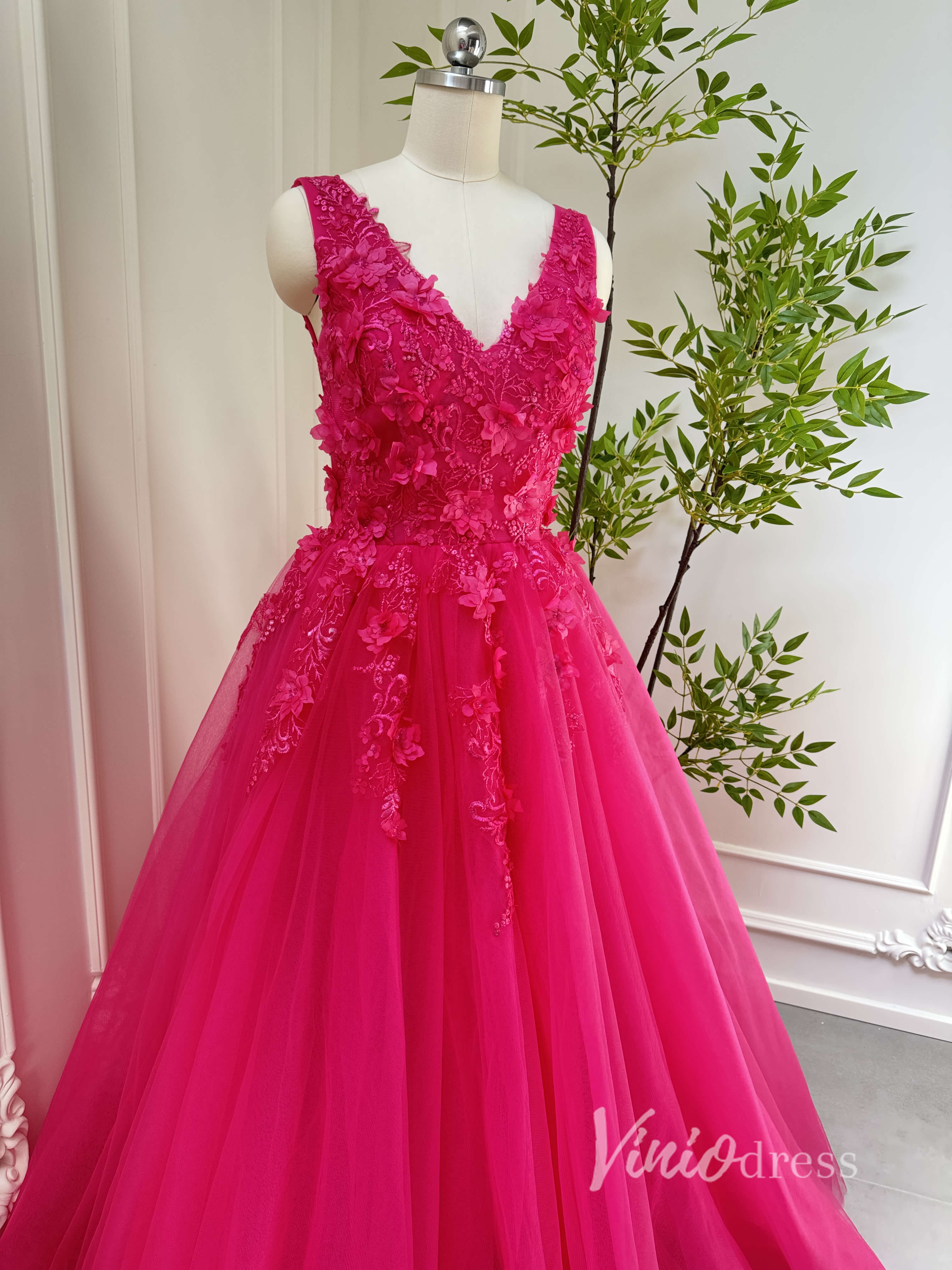 Fuchsia Tulle Prom Dresses V-neck,Lace Appliqued,Backless 80001-prom dresses-Viniodress-Viniodress