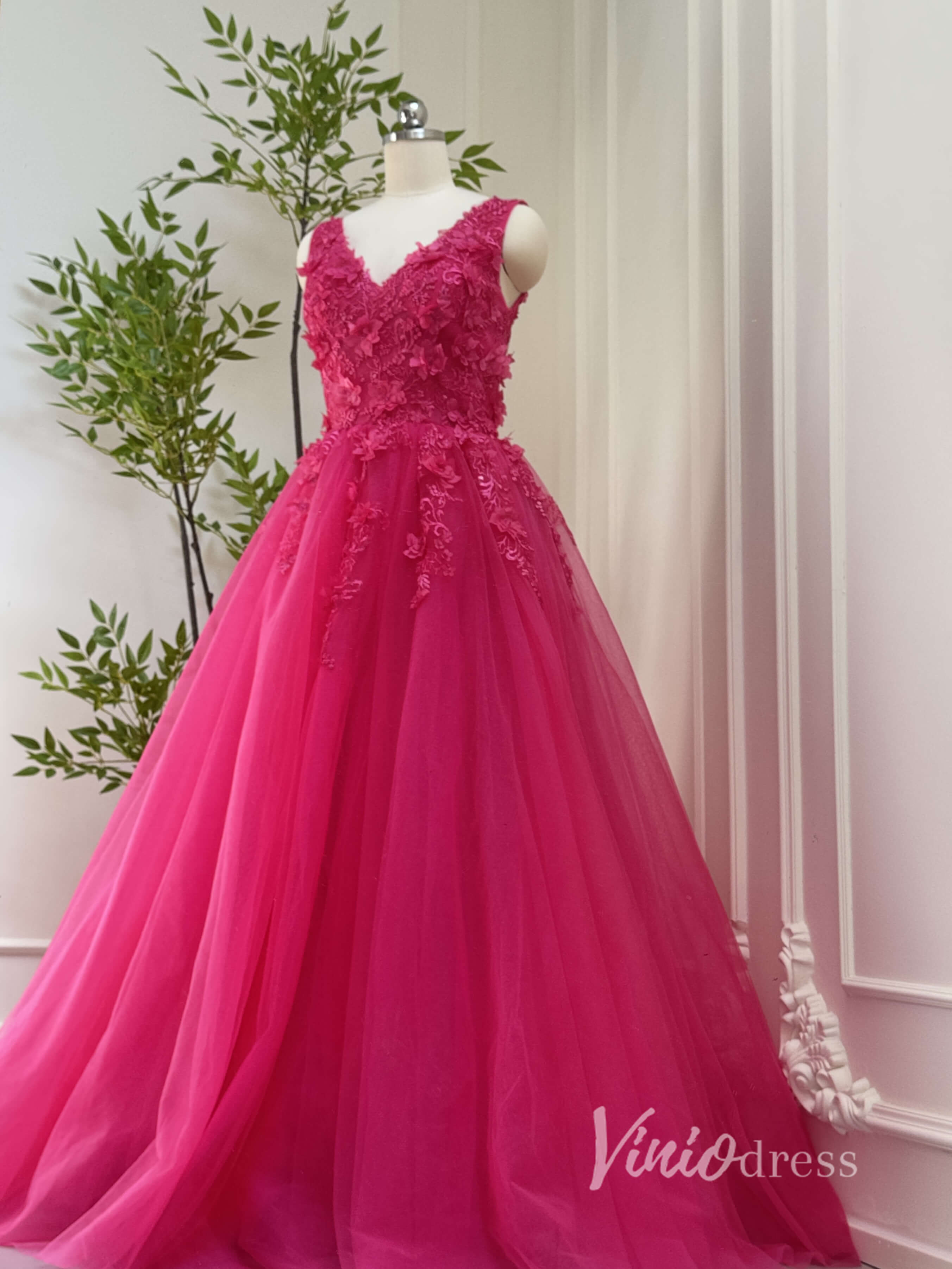 Fuchsia Tulle Prom Dresses V-neck,Lace Appliqued,Backless 80001-prom dresses-Viniodress-Viniodress