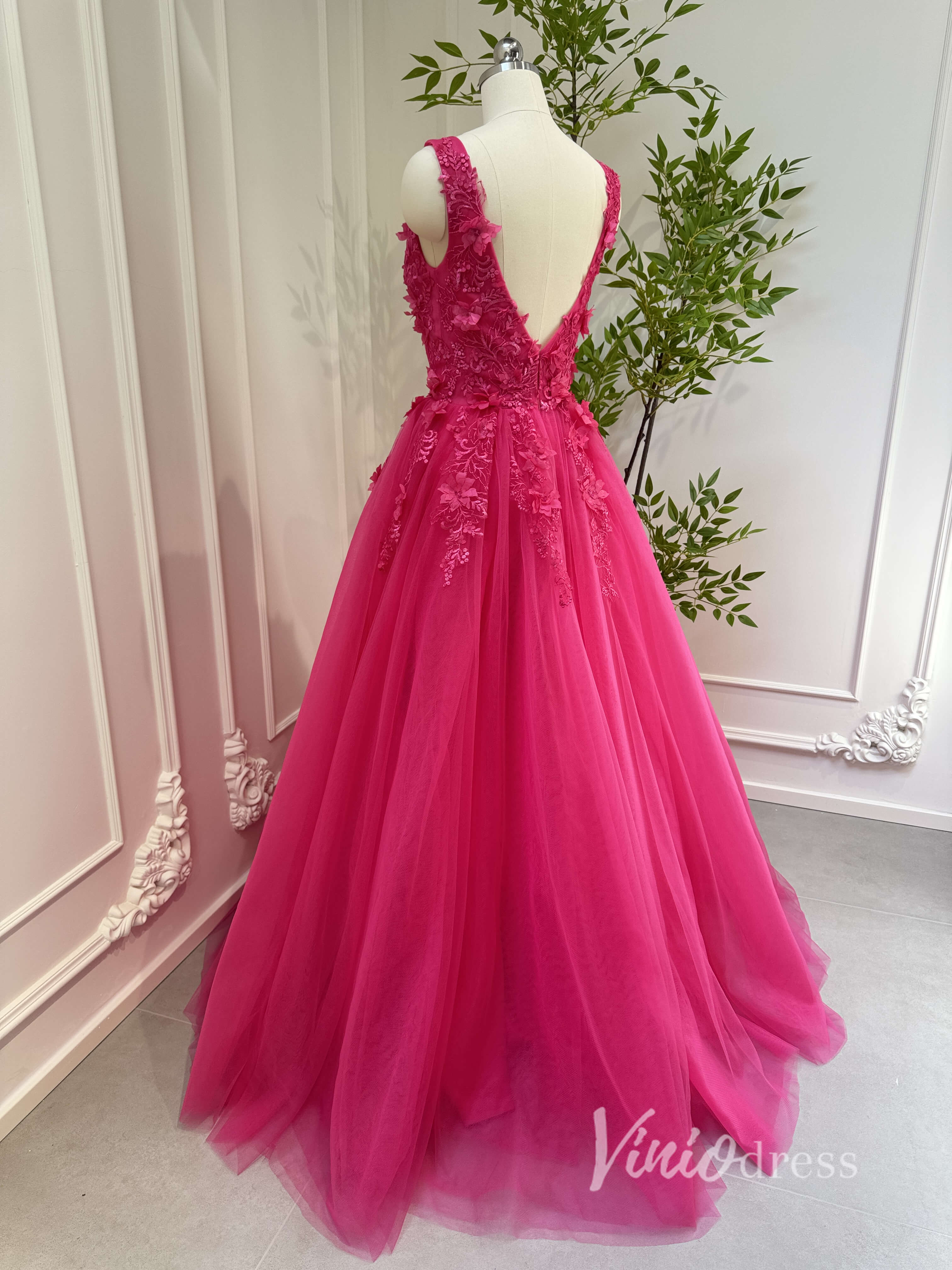 Fuchsia Tulle Prom Dresses V-neck,Lace Appliqued,Backless 80001-prom dresses-Viniodress-Viniodress