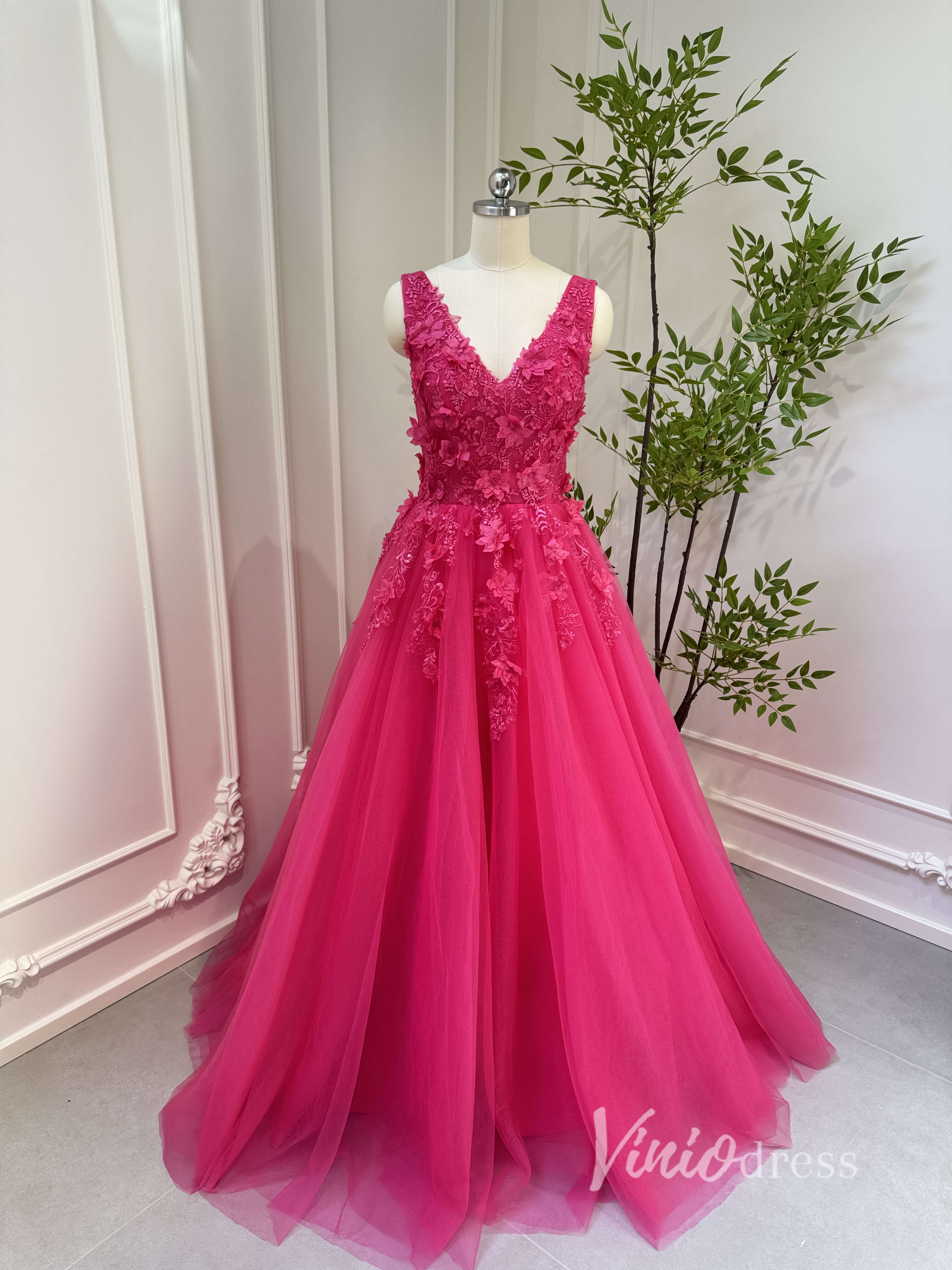 Fuchsia Tulle Prom Dresses V-neck,Lace Appliqued,Backless 80001-prom dresses-Viniodress-Viniodress