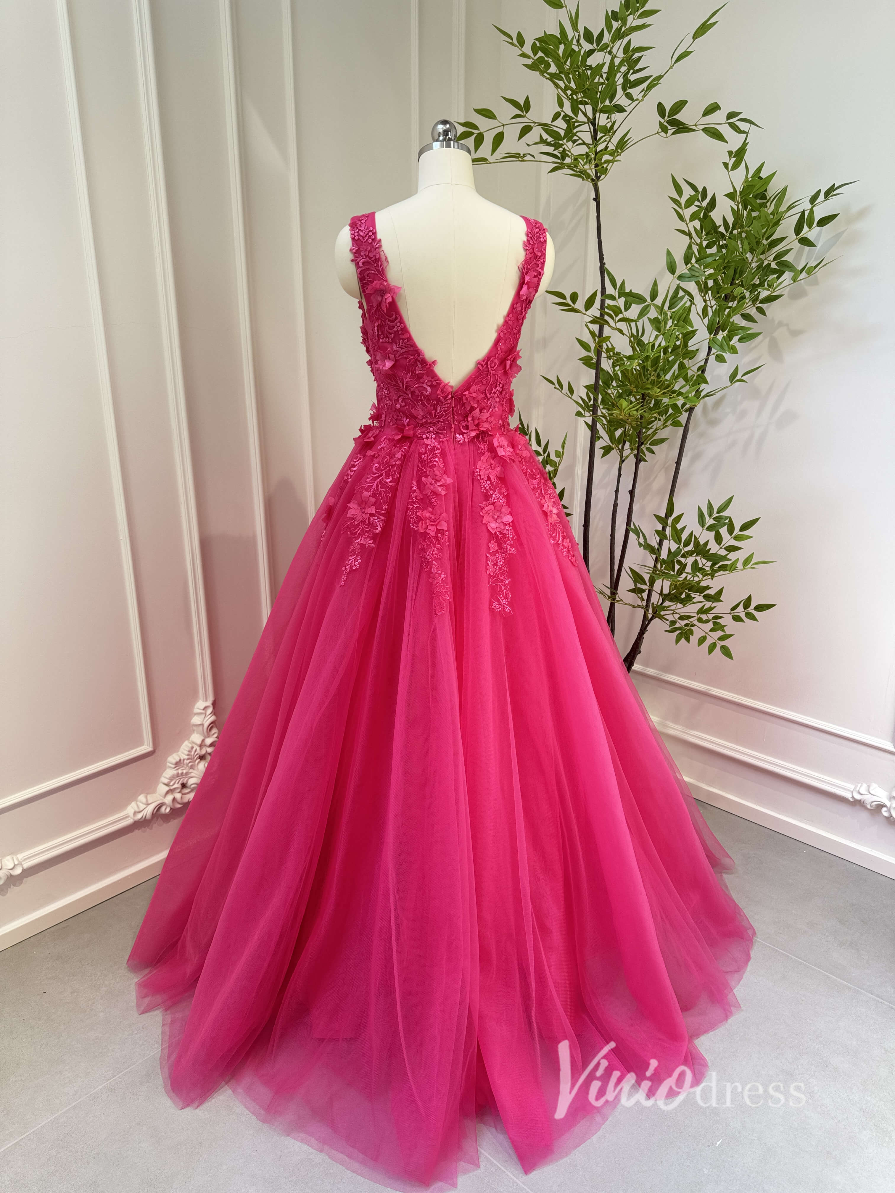 Fuchsia Tulle Prom Dresses V-neck,Lace Appliqued,Backless 80001-prom dresses-Viniodress-Viniodress