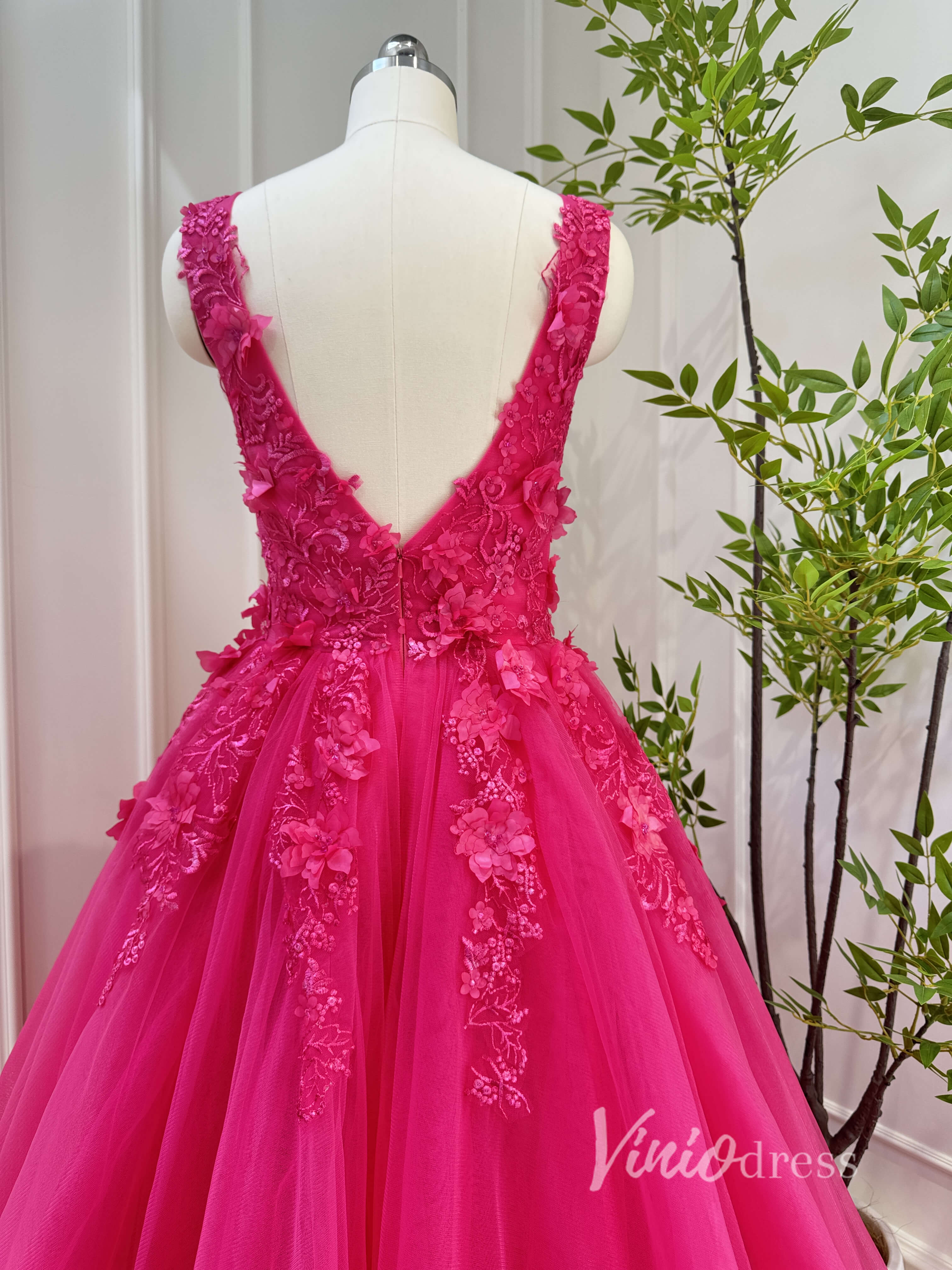 Fuchsia Tulle Prom Dresses V-neck,Lace Appliqued,Backless 80001-prom dresses-Viniodress-Viniodress