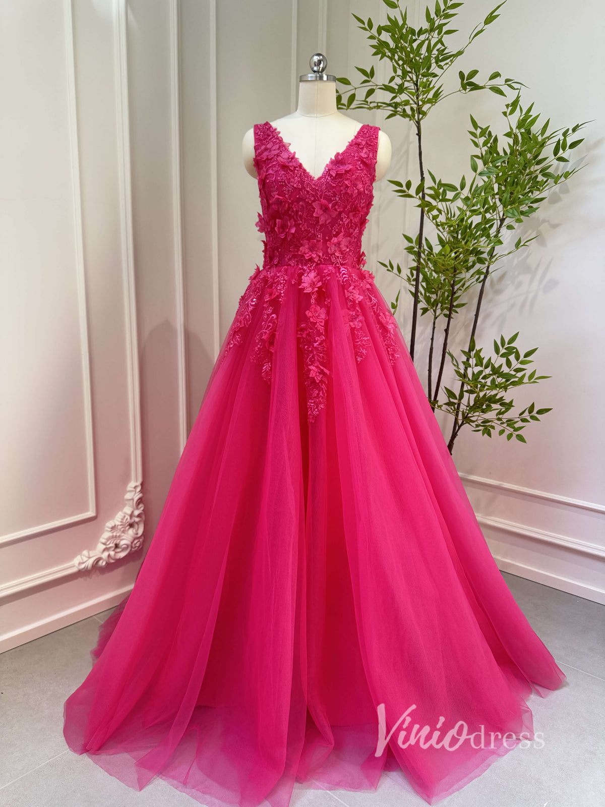 Fuchsia Tulle Prom Dresses V-neck,Lace Appliqued,Backless 80001-prom dresses-Viniodress-Viniodress