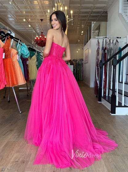 Fuchsia Tulle Strapless Prom Dresses Lace Bodice Formal Gown FD3608-prom dresses 2025 -Viniodress-Fuchsia-Custom Size-