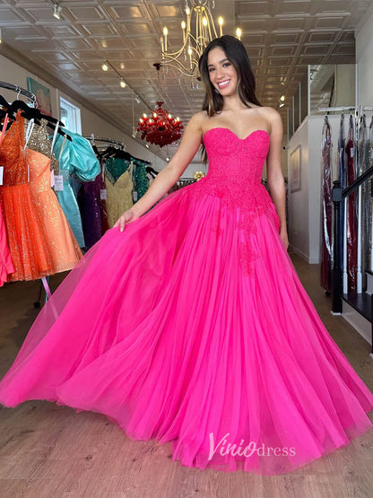 Fuchsia Tulle Strapless Prom Dresses Lace Bodice Formal Gown FD3608-prom dresses 2025 -Viniodress-Fuchsia-Custom Size-