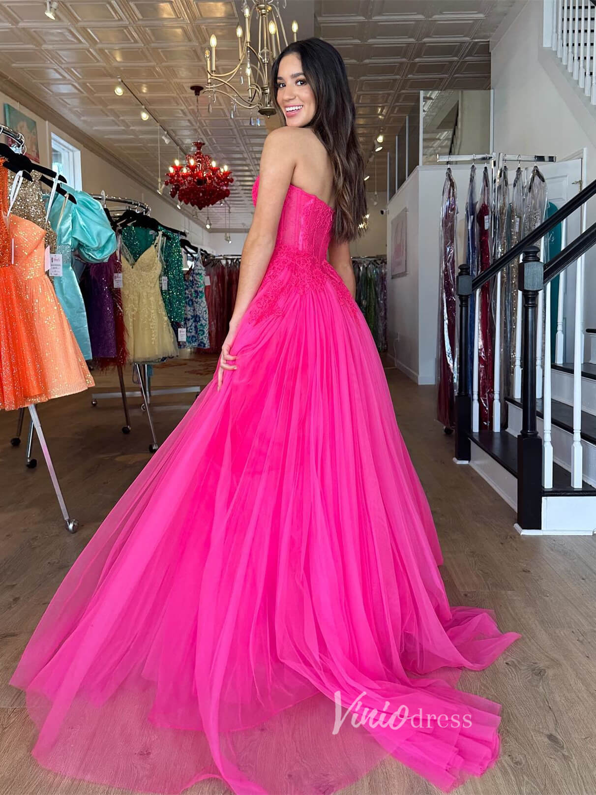 Fuchsia Tulle Strapless Prom Dresses Lace Bodice Formal Gown FD3608 - Viniodressprom dressesFuchsiaCustom Size - Formal Dresses - Ball Gowns