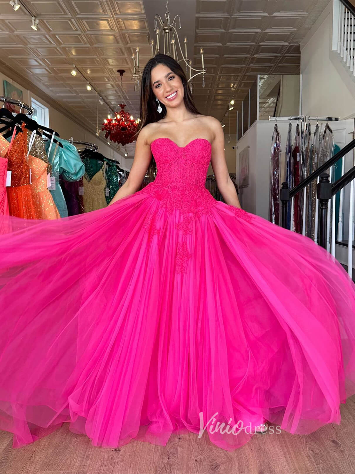 Fuchsia Tulle Strapless Prom Dresses Lace Bodice Formal Gown FD3608 - Viniodressprom dressesFuchsiaCustom Size - Formal Dresses - Ball Gowns