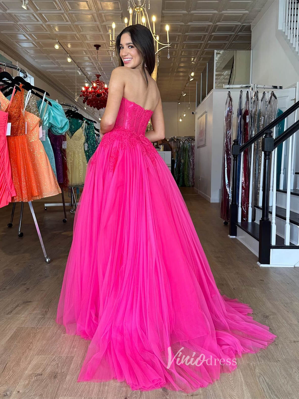 Fuchsia Tulle Strapless Prom Dresses Lace Bodice Formal Gown FD3608 - Viniodressprom dressesFuchsiaCustom Size - Formal Dresses - Ball Gowns