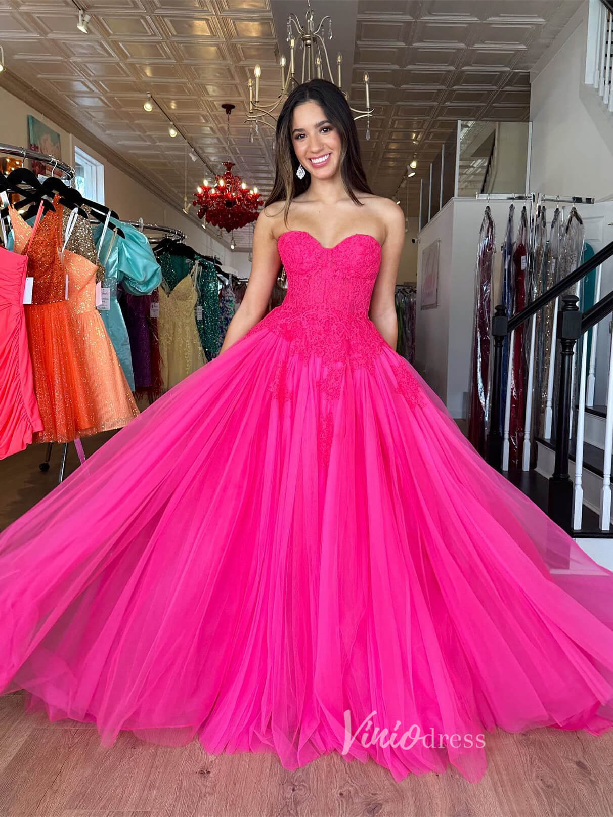 Fuchsia Tulle Strapless Prom Dresses Lace Bodice Formal Gown FD3608 - Viniodressprom dressesFuchsiaCustom Size - Formal Dresses - Ball Gowns