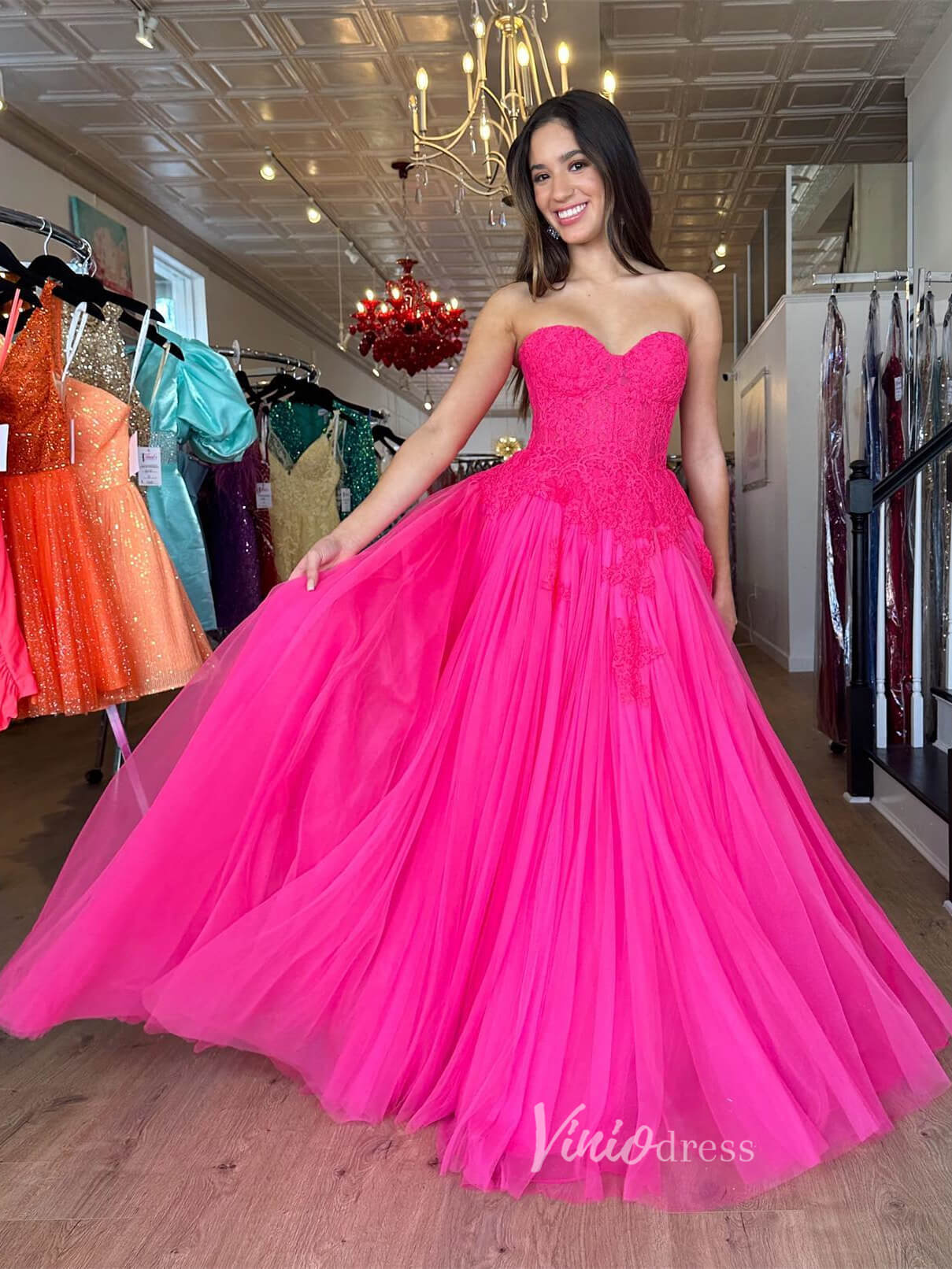 Fuchsia Tulle Strapless Prom Dresses Lace Bodice Formal Gown FD3608 - Viniodressprom dressesFuchsiaCustom Size - Formal Dresses - Ball Gowns