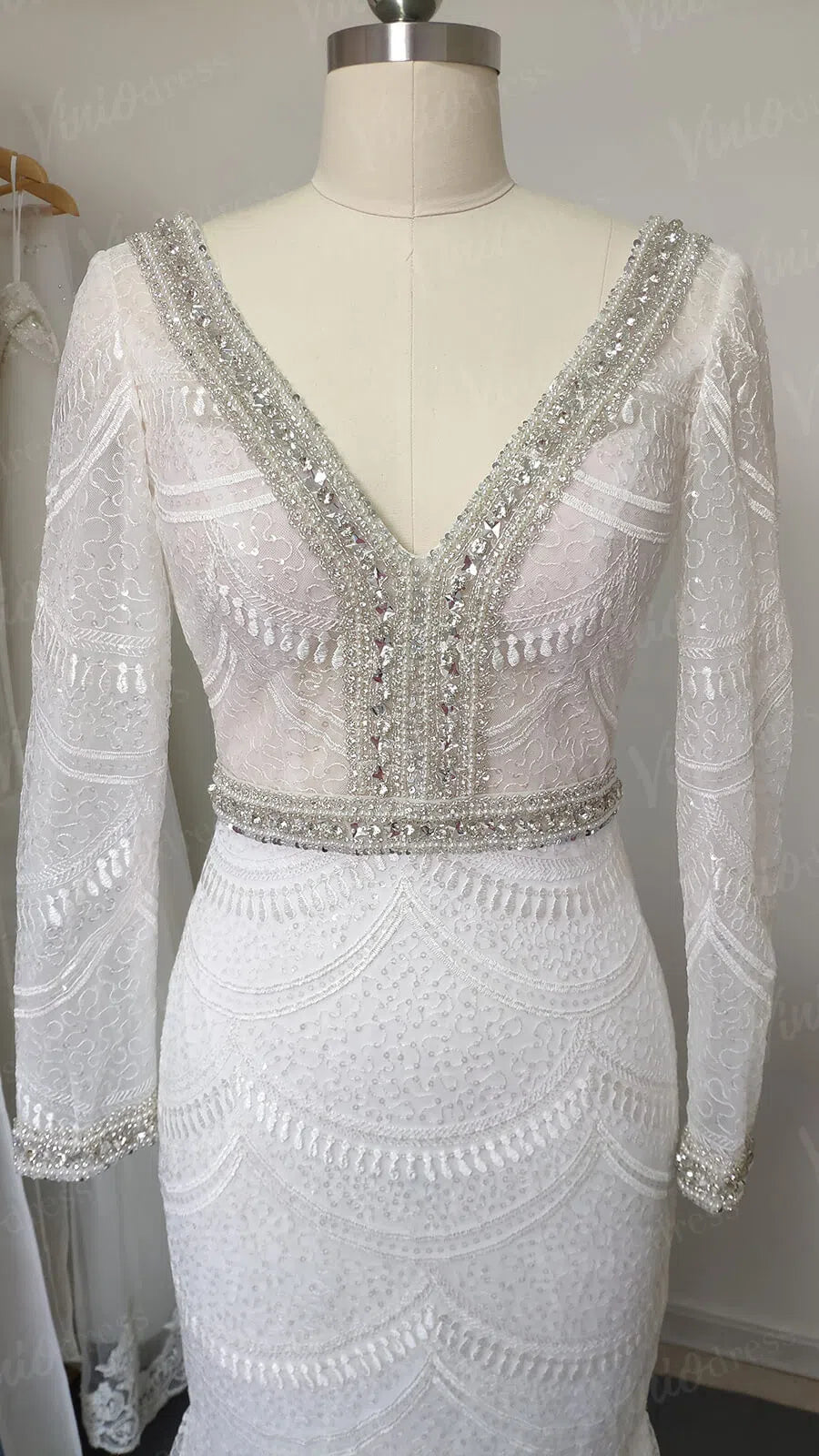 Fully Beaded Long Sleeve Mermaid Wedding Dresses Backless VW1429-wedding dresses-Viniodress-Viniodress