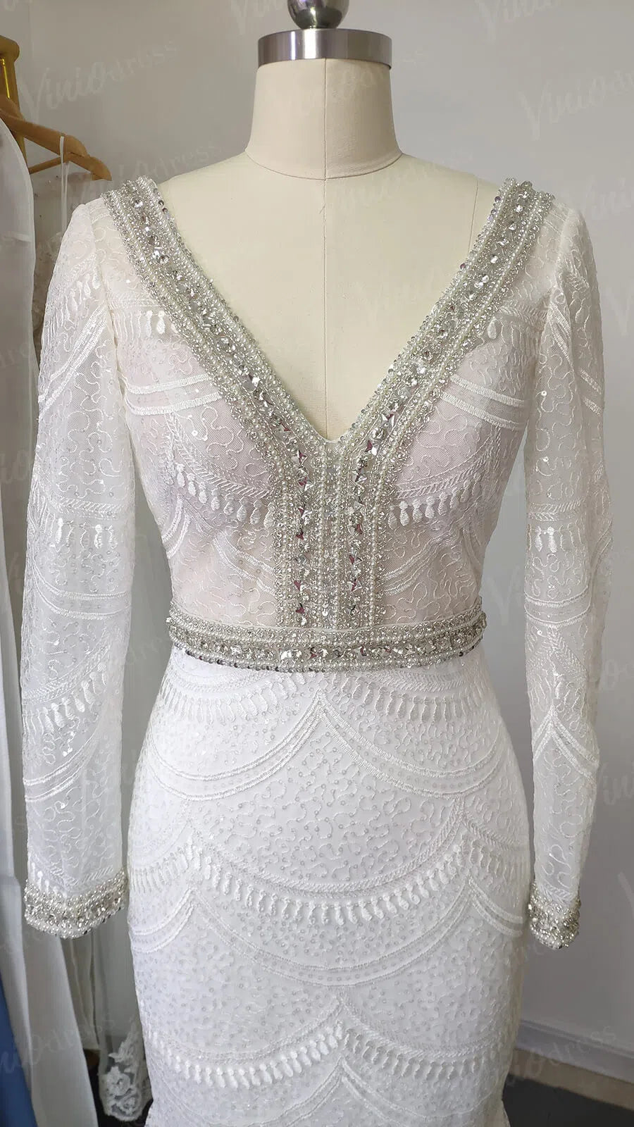 Fully Beaded Long Sleeve Mermaid Wedding Dresses Backless VW1429-wedding dresses-Viniodress-Viniodress