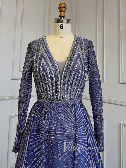 Geometric Lace Long Mother of the Bride Dresses with Sleeves 20006-Evening Dresses 2025 -Viniodress-As Picture-US 2-