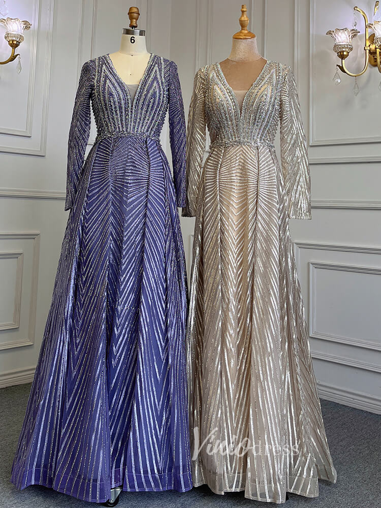 Geometric Lace Long Mother of the Bride Dresses with Sleeves 20006-Evening Dresses 2025 -Viniodress-As Picture-US 2-