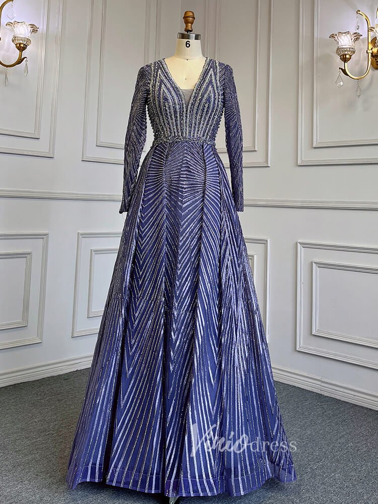 Geometric Lace Long Mother of the Bride Dresses with Sleeves 20006-Evening Dresses 2025 -Viniodress-Blue-US 2-