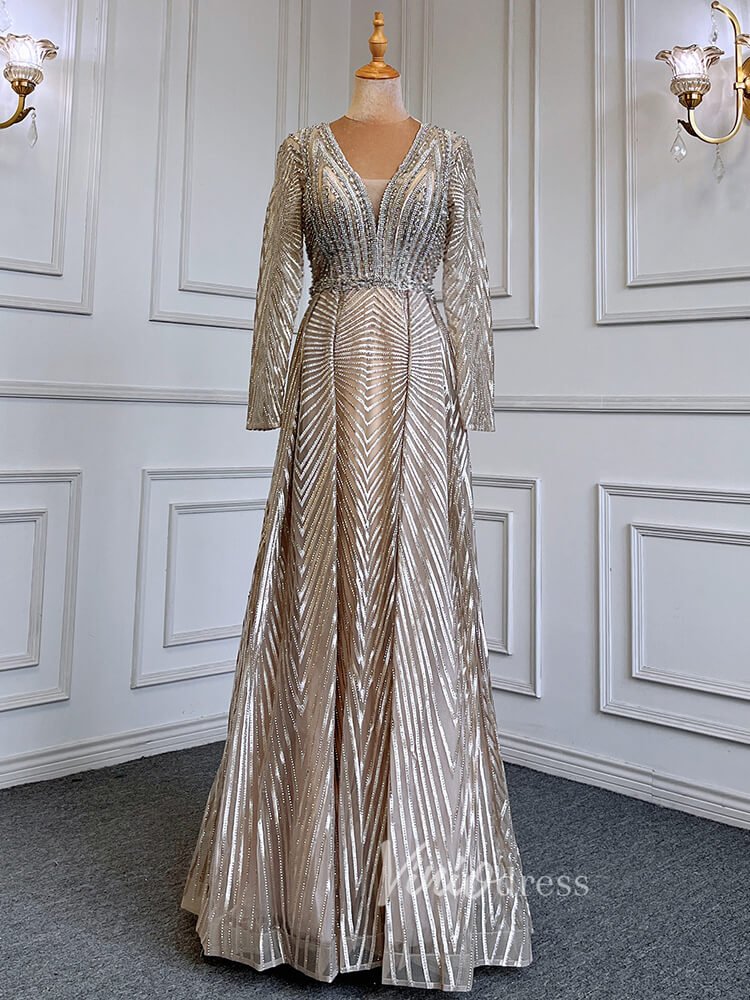 Geometric Lace Long Mother of the Bride Dresses with Sleeves 20006-Evening Dresses 2025 -Viniodress-Taupe-US 2-