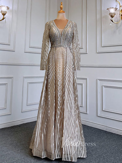 Geometric Lace Long Mother of the Bride Dresses with Sleeves 20006-Evening Dresses 2025 -Viniodress-Taupe-US 2-
