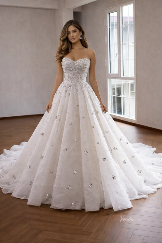 Glamorous Ball Gown Wedding Dress with Pearl Crystal Floral Beading – 261035-wedding dresses 2026-Viniodress-Champagne-Custom Size – Add Measurements in Cart-