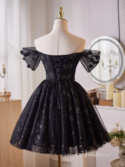 Glamorous Black Homecoming Dress with Off-Shoulder Puff Sleeves & Sparkly Floral Tulle Skirt – BJ099-prom dresses 2025 -Viniodress-Black-Custom Size-