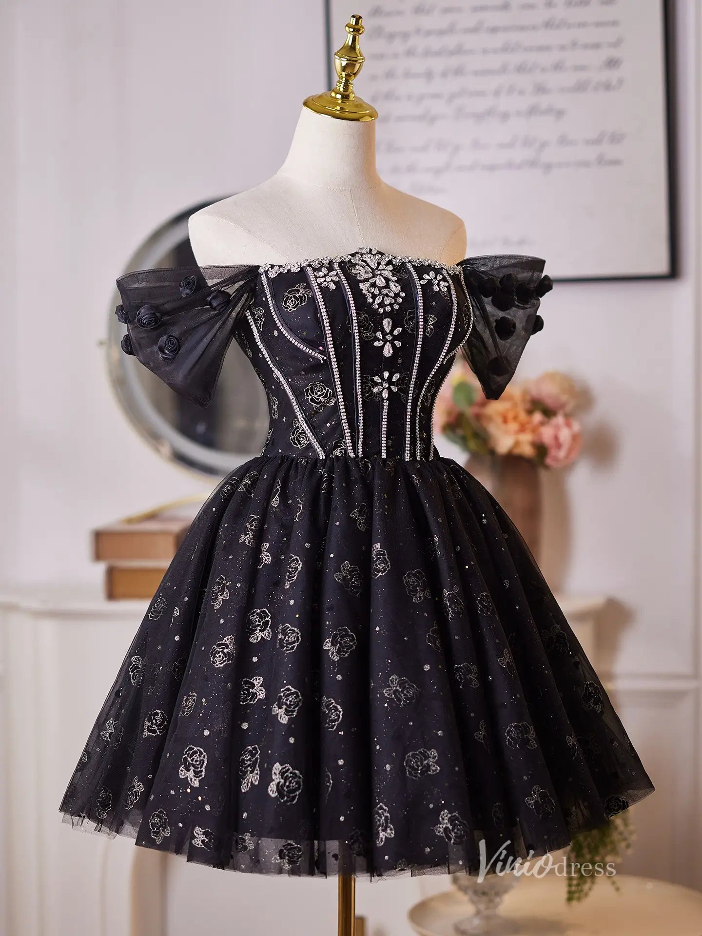 Glamorous Black Homecoming Dress with Off-Shoulder Puff Sleeves & Sparkly Floral Tulle Skirt – BJ099-prom dresses 2025 -Viniodress-Black-Custom Size-
