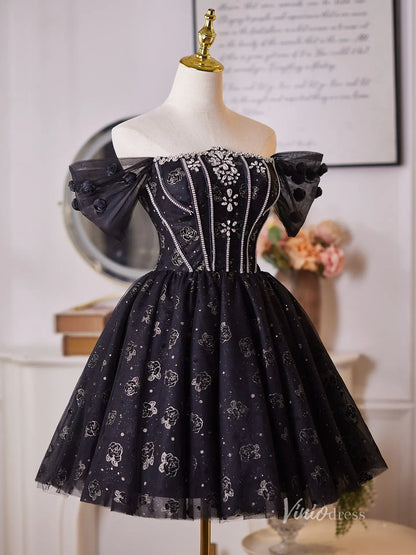 Glamorous Black Homecoming Dress with Off-Shoulder Puff Sleeves & Sparkly Floral Tulle Skirt – BJ099-prom dresses 2025 -Viniodress-Black-Custom Size-