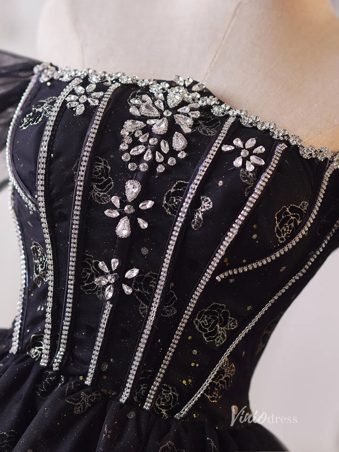 Glamorous Black Homecoming Dress with Off-Shoulder Puff Sleeves & Sparkly Floral Tulle Skirt – BJ099-prom dresses 2025 -Viniodress-Black-Custom Size-