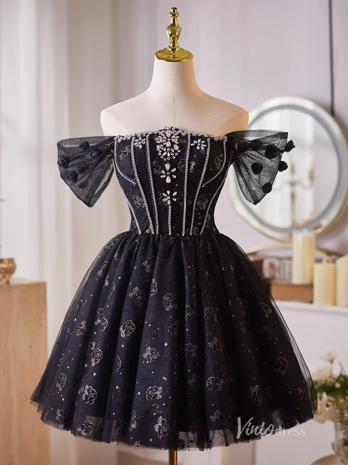 Glamorous Black Homecoming Dress with Off-Shoulder Puff Sleeves & Sparkly Floral Tulle Skirt – BJ099-prom dresses 2025 -Viniodress-Black-Custom Size-