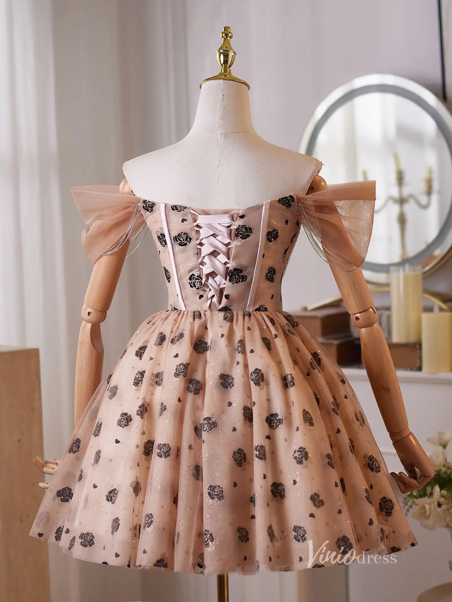 Glamorous Champagne Rhinestone Homecoming Dress with Off-Shoulder Puff Sleeves & Black Rose Tulle Skirt – BJ100-prom dresses 2025 -Viniodress-Champagne-Custom Size-