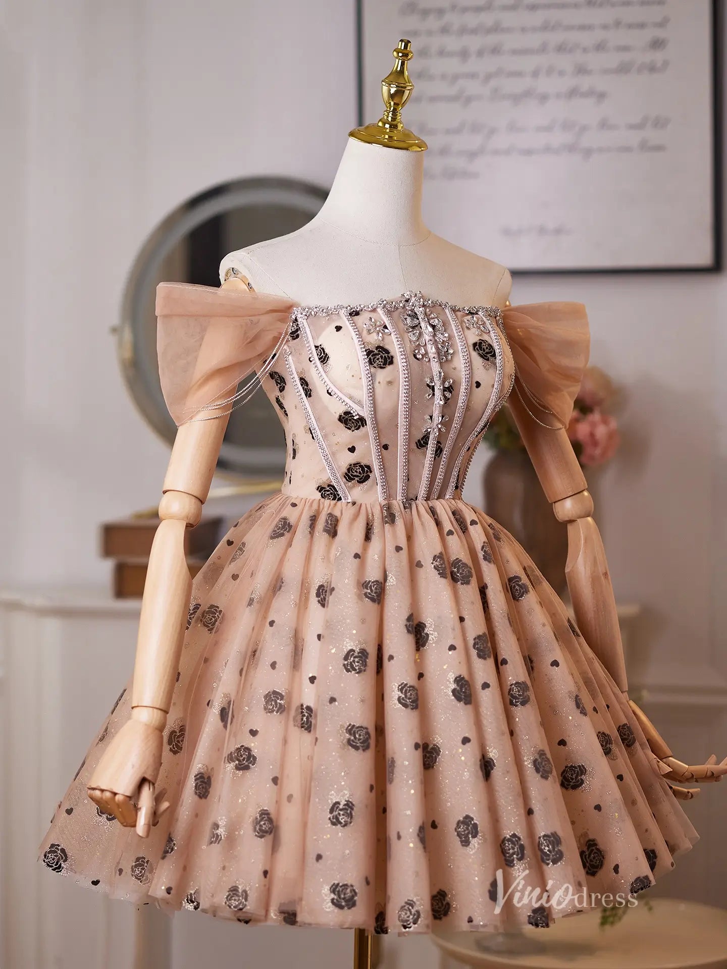 Glamorous Champagne Rhinestone Homecoming Dress with Off-Shoulder Puff Sleeves & Black Rose Tulle Skirt – BJ100-prom dresses 2025 -Viniodress-Champagne-Custom Size-