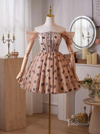 Glamorous Champagne Rhinestone Homecoming Dress with Off-Shoulder Puff Sleeves & Black Rose Tulle Skirt – BJ100-prom dresses 2025 -Viniodress-Champagne-Custom Size-