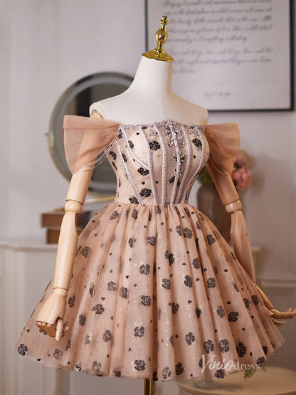 Glamorous Champagne Rhinestone Homecoming Dress with Off-Shoulder Puff Sleeves & Black Rose Tulle Skirt – BJ100-prom dresses 2025 -Viniodress-Champagne-Custom Size-