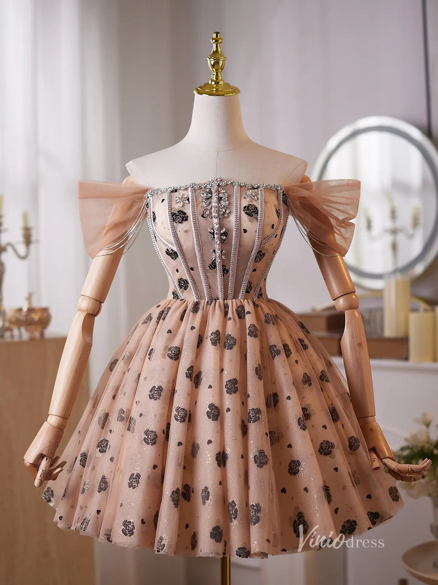 Glamorous Champagne Rhinestone Homecoming Dress with Off-Shoulder Puff Sleeves & Black Rose Tulle Skirt – BJ100-prom dresses 2025 -Viniodress-Champagne-Custom Size-