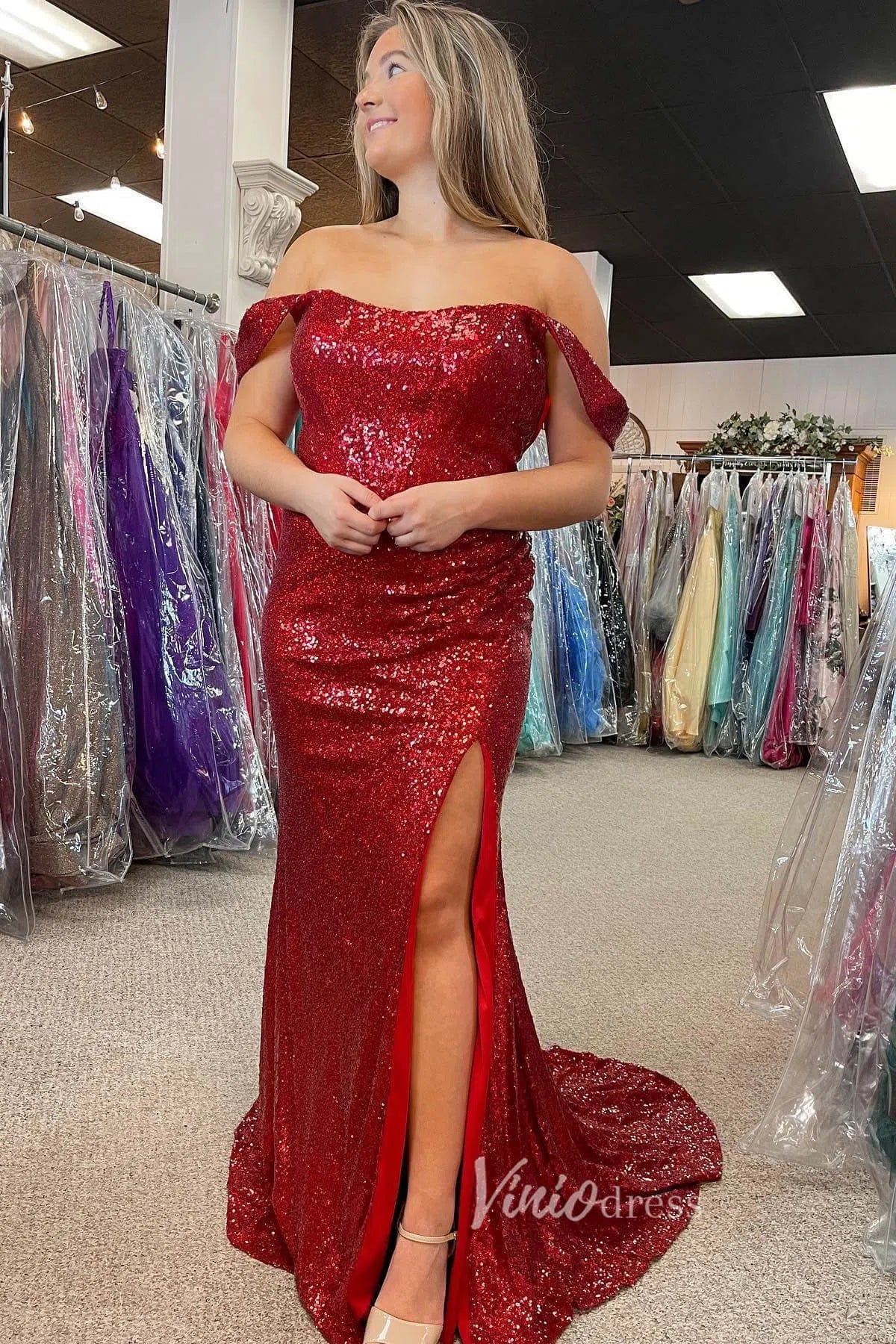 Glamorous Off the Shoulder Mermaid Sequin Prom Dress with Slit FD3493-prom dresses-Viniodress-Red-Custom Size-Viniodress