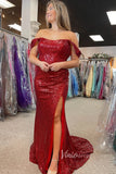 Glamorous Off the Shoulder Mermaid Sequin Prom Dress with Slit FD3493-prom dresses-Viniodress-Red-Custom Size-Viniodress