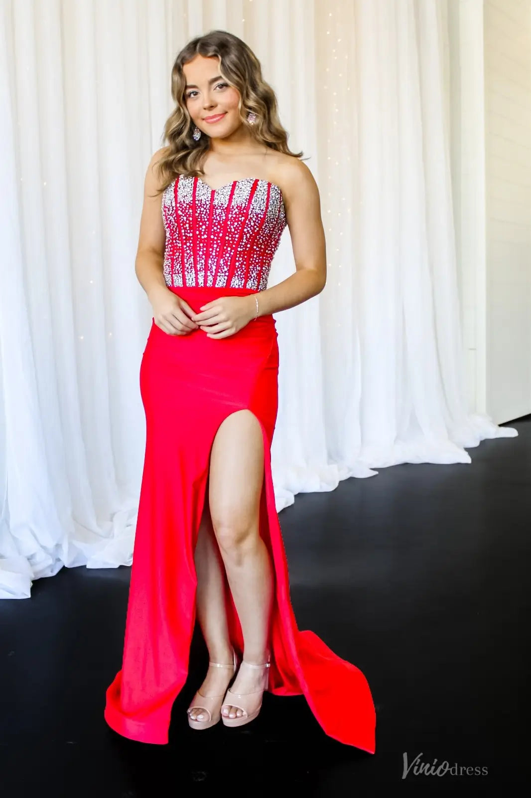 Glamorous Red Crystal Beaded Corset Mermaid Prom Dress with High Slit – SS288-prom dresses 2026-Viniodress-Red-Custom Size-