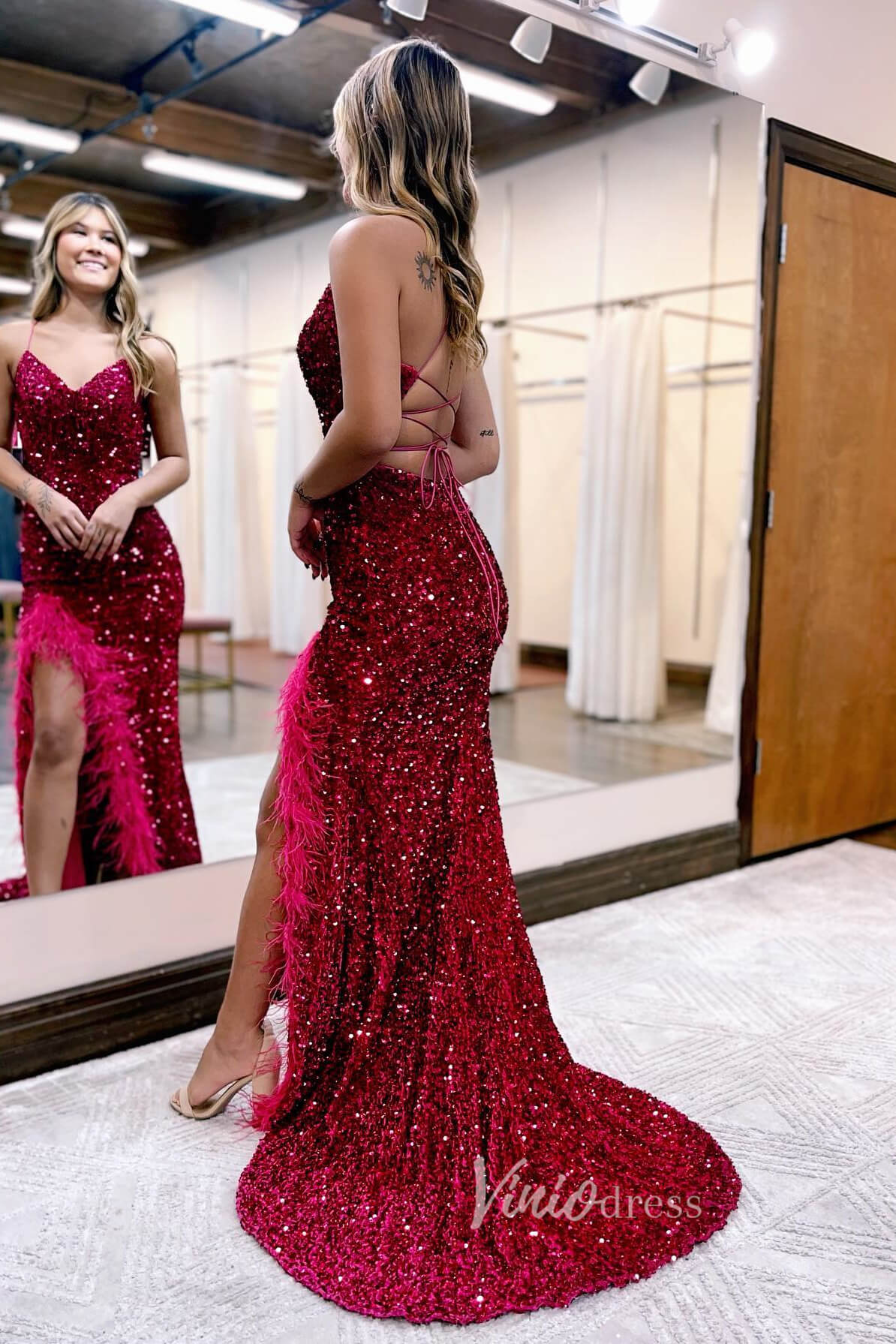 Glamorous Sequin Mermaid Prom Dress with Feather, Spaghetti Strap, and Slit FD3463-prom dresses 2025 -Viniodress-Burgundy-Custom Size-