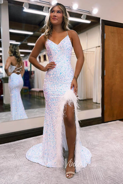 Glamorous Sequin Mermaid Prom Dress with Feather, Spaghetti Strap, and Slit FD3463-prom dresses 2025 -Viniodress-White-Custom Size-