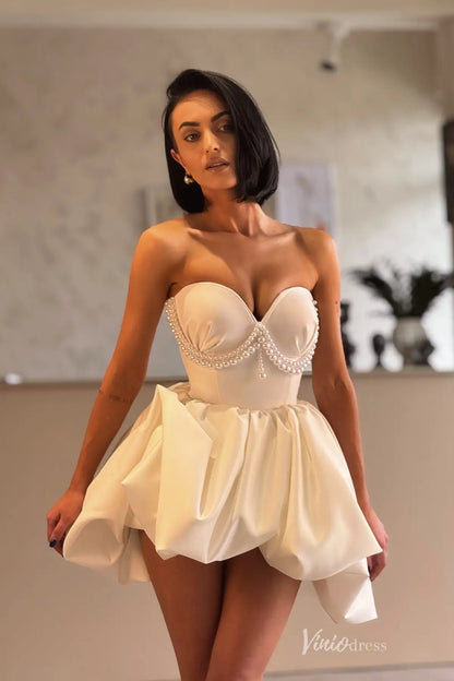 Glamorous Strapless Sweetheart Short Bridal Dress with Pearl Corset Bodice & Bubble Skirt – BP002-wedding dresses 2025 -Viniodress-Ivory-Custom Size-