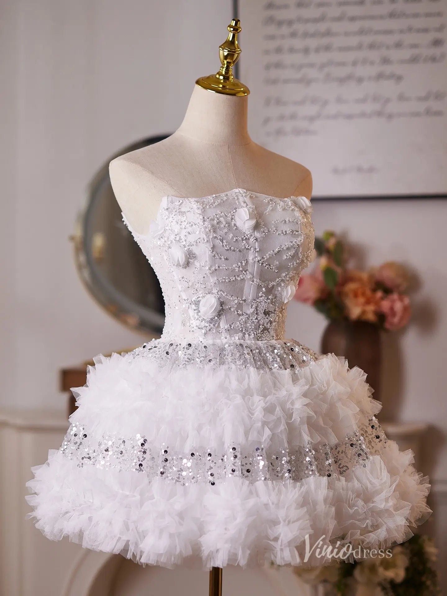 Glamorous White Sequin Homecoming Dress with Strapless Neckline & Layered Ruffle Skirt – BJ101-prom dresses 2025 -Viniodress-White-Custom Size-