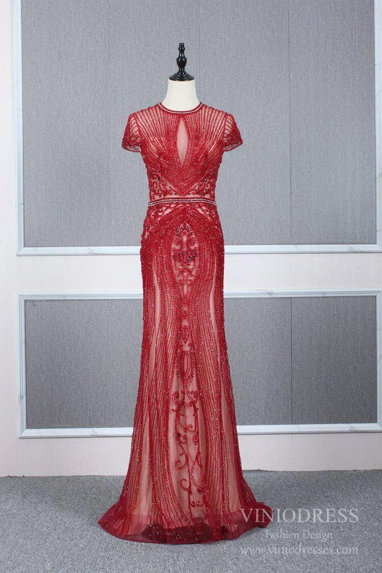 Glitter Beaded Mermaid Formal Dresses 20s Pageant Dress FD1395-Evening Dresses 2025 -Viniodress-Red-US 2-