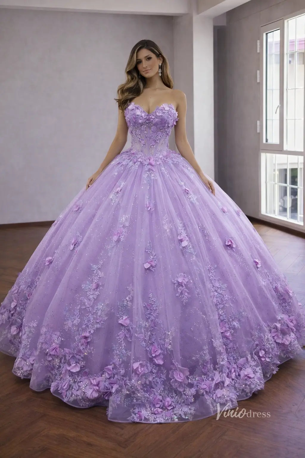 Glitter Lavender 3D Floral Quinceañera Ball Gown Dress with Sheer Corset Bodice & Spaghetti Strap – QC011-Quinceanera Dresses 2026-Viniodress-Lavender-Custom Size – Add Measurements in Cart-