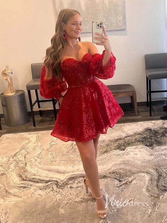 Glitter Red Homecoming Dress Long Puff Sleeve Graduation Dresses SD1465-Homecoming Dresses 2025 -Viniodress-Red-Custom Size-
