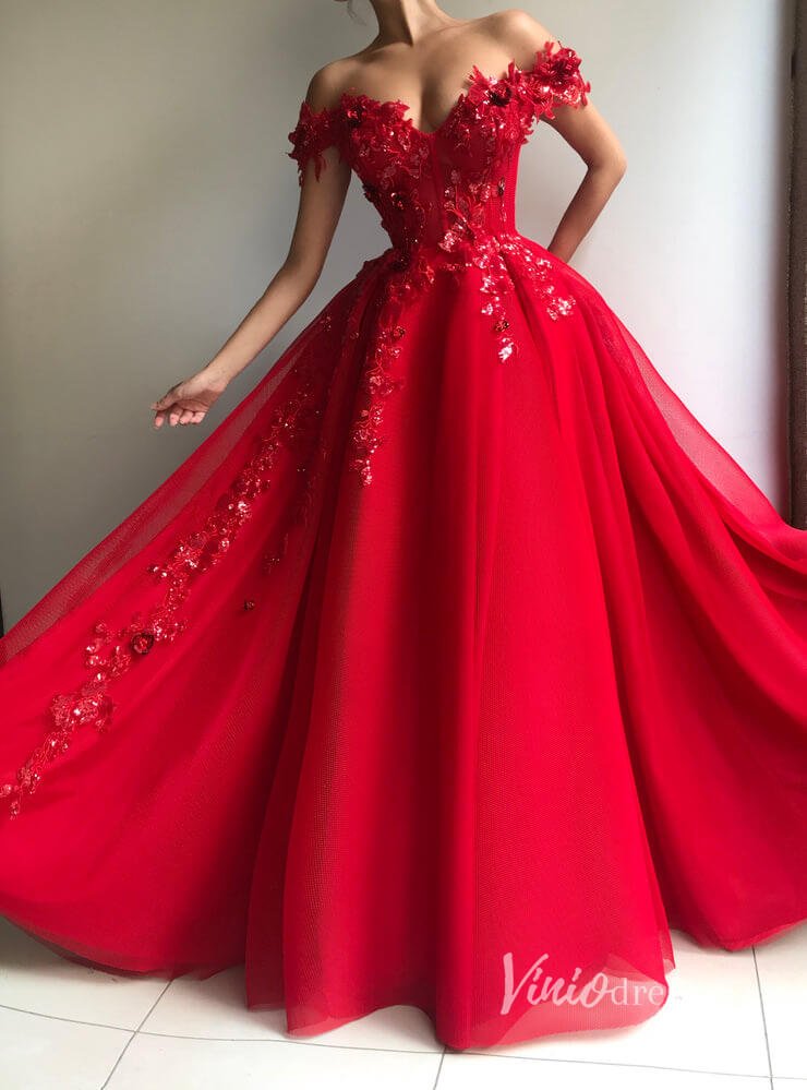 Glitter Red Prom Dresses Off the Shoulder Long Formal Dress FD2912-prom dresses 2025 -Viniodress-Red-Custom Size-