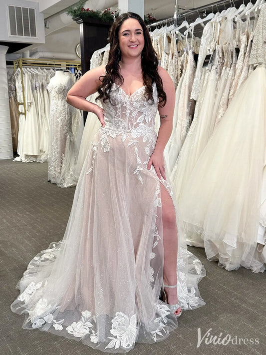 Glitter Tulle A-Line Wedding Dress with Slit, Floral Lace Appliqué, Spaghetti Straps – VW2588-wedding dresses 2025 -Viniodress-Nude-Custom Size-